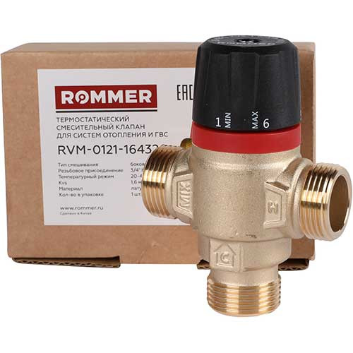 Термостатический смесительный клапан Rommer 3/4" НР 20-43°С KV 1,6