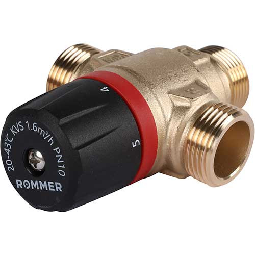 Термостатический смесительный клапан Rommer 3/4" НР 20-43°С KV 1,6